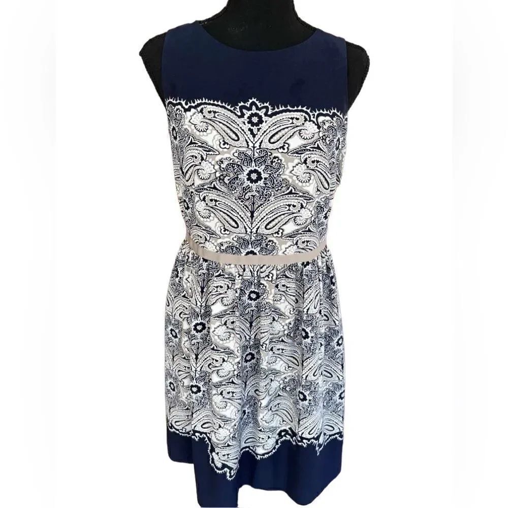 Ann Taylor Loft sleeveless lined paisley dress, navy/taupe/cream, size 4